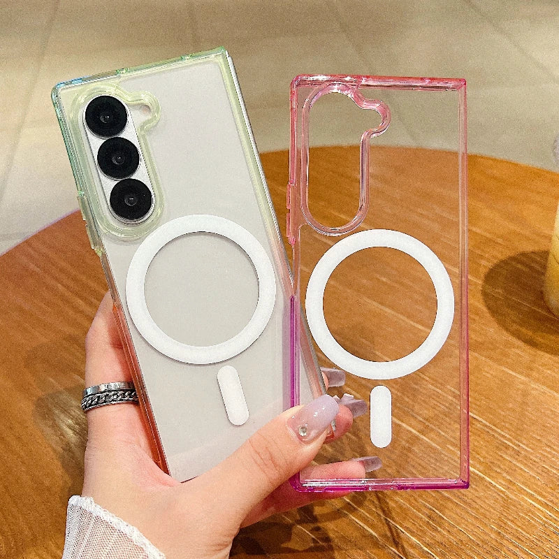 Magnetic Gradient Color Case For Samsung Galaxy Z Fold 3 4 5 6 7 ZFold7 ZFold6 2-Piece Set For Magsafe Wireless Charge Cover