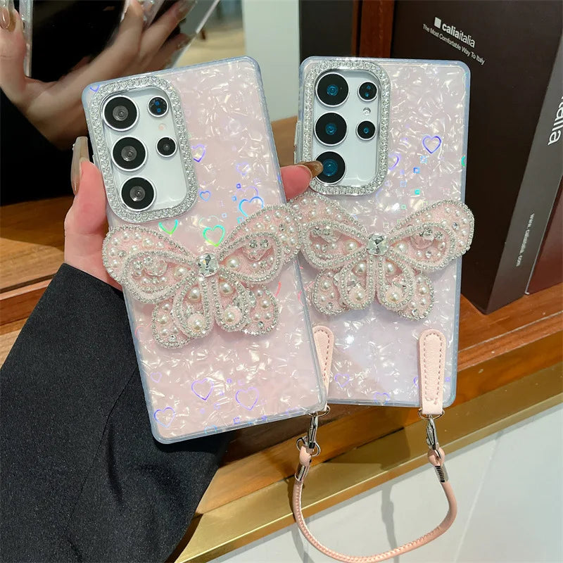 3D Laser Giltter Diamond Butterfly Case For Samsung Galaxy S24 S25 Plus Ultra FE S25 Edge With Wrist Strap Shockproof Cover