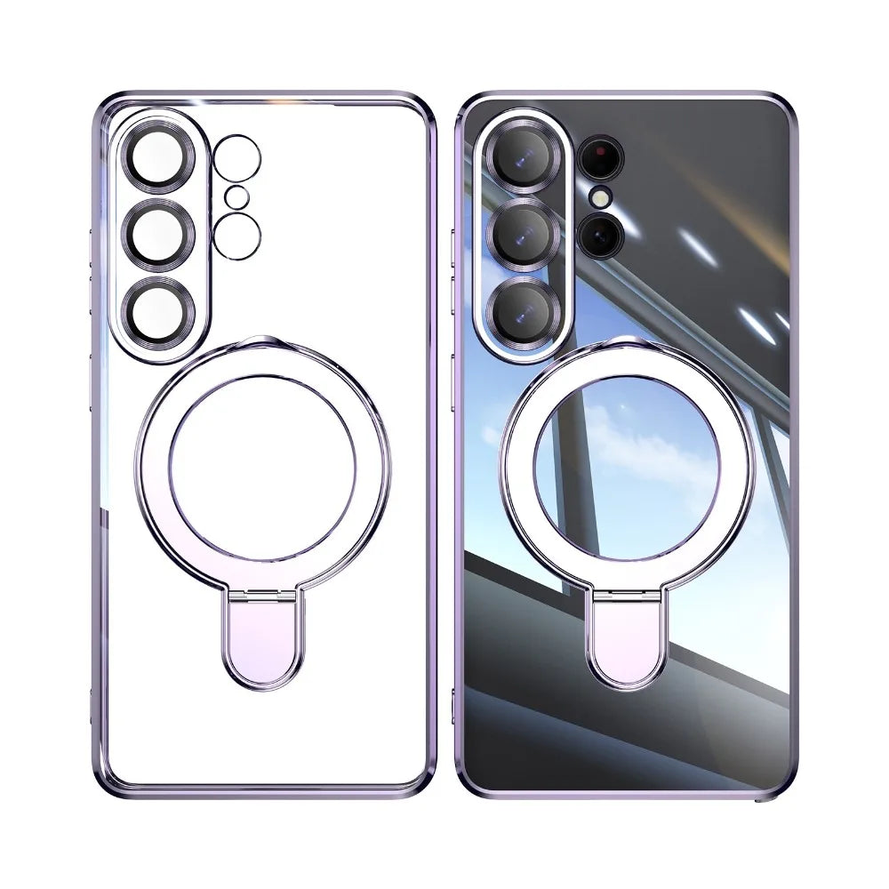 Transparent for Magsafe Stand Plating Case for Samsung Galaxy S26 Ultra Magnetic Bracket Lens Film Cover for Samsung S26 Plus