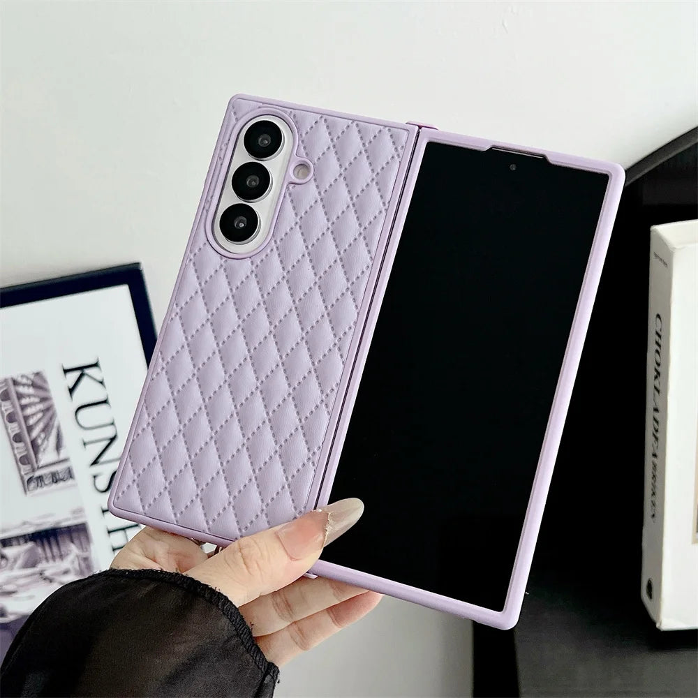 Luxury Lingge Sheepskin Folding Case Shell For Samsung Galaxy Z Fold 3 4 5 6 7 5G Advanced Anti Shock Protective Cover