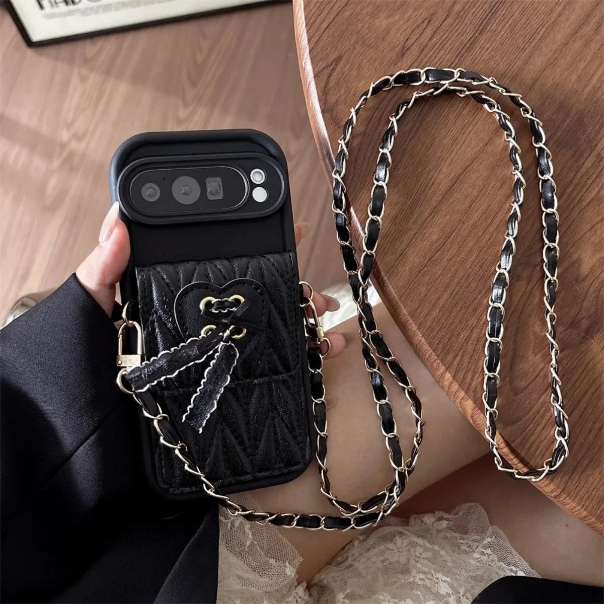 Crossbody Lanyard Card Holder Wallet Quilted PU Leather Phone Case with Ribbon Bow For Google Pixel 10 Pro XL 9 8 7 9a 8a 7a