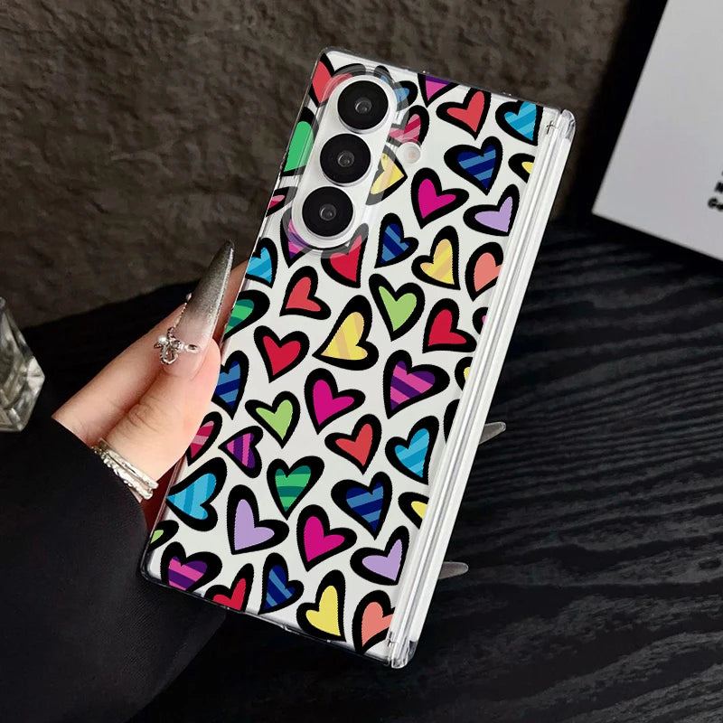 Magnetic Adsorption Clear Phone Case For Samsung Galaxy Z Fold 7 6 5 Fold7 Fold6 Fold5 5G Colorful Love Heart Pattern Hard Cover
