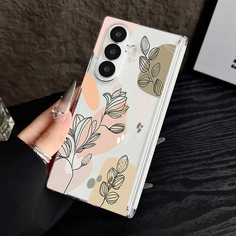 Magnetic Adsorption Phone Case For Samsung Galaxy Z Fold 7 6 5 Fold7 Fold6 Fold5 5G Flower Floral Pattern Clear Shockproof Cover
