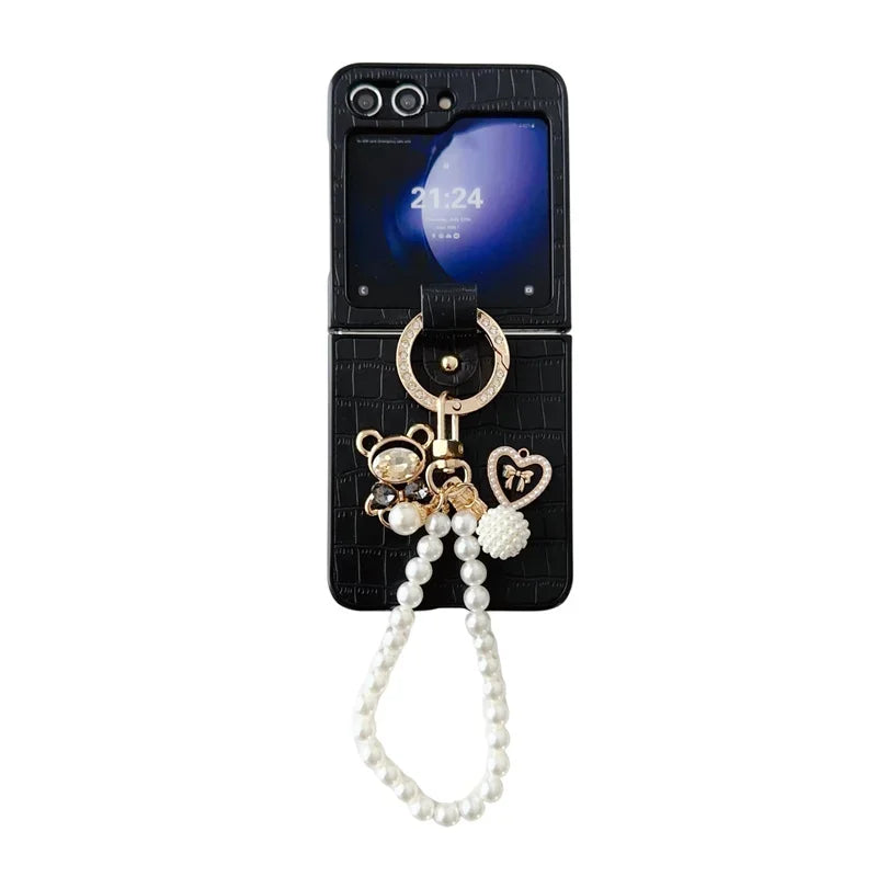 Unique Crocodile Pattern 3D Cute Small Bear Case For Samsung Galaxy Z Flip 7 6 5 4 3 5G Pearl Bracelet Portable Anti-Drop Cover