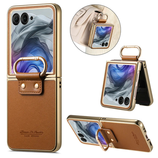 Luxury Business Ring Holder Leather Case For Motorola Razr 60 50 Ultra Shockproof Slim Electroplated edge Skin Feeling Cover