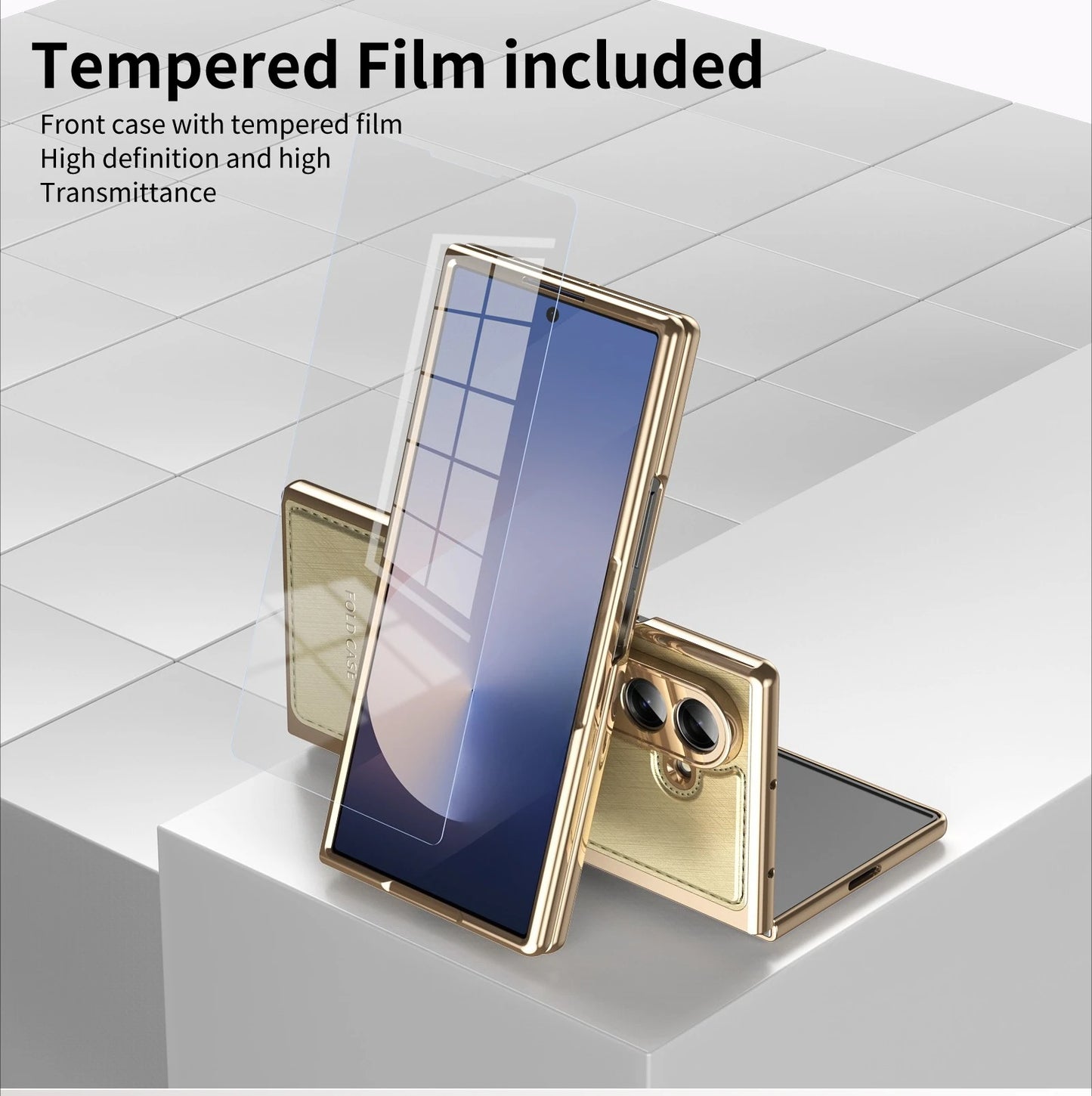 Golden Border Leather Phone Case with Steel Film for Samsung Galaxy Z Fold 7 6 5 4 3 Fold6 Hinge Protection Shockproof Cover