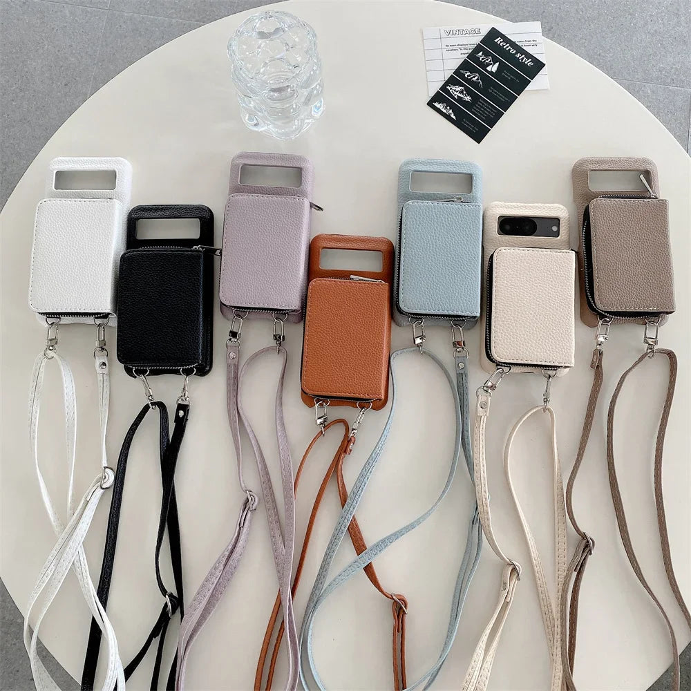 For Google Pixel 9 8 7 6 5 Pro XL 8 A 7A 6A Phone Case  Leather Litchi Wallet Card Bag Shoulder Strap Lanyard Stand Holder Cover