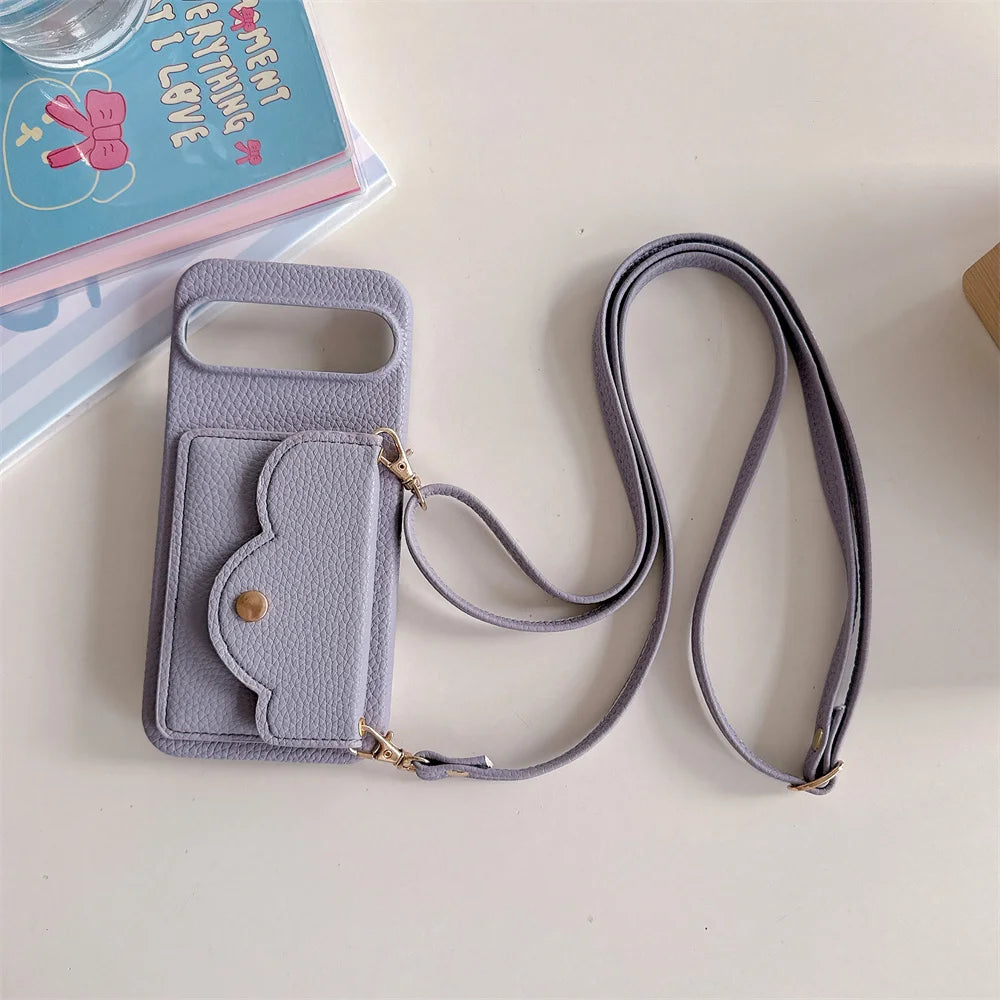 Leather Litchi Wallet Cards Slot Bag Case For Google Pixel 9 8 7 6 9 Pro XL 8A 7A 6A 9XL Shoulder Strap Lanyard Skin Feel Cover