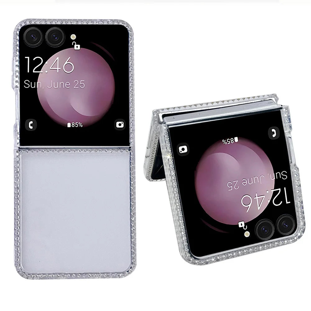 Bling Shiny Rhinestone Bordered Transparent Phone Case For Samsung Z Flip 7 fFlip7 FE Galaxy Z Flip 6 5 4 3 Protect Cover
