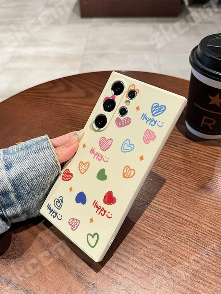 Colorful Love Heart Happy Phone Case For Samsung Galaxy S24 Ultra S25 S23 S22 Plus S20 FE A54 A55 A15 A35 A51 A71 A72 A73 Cover