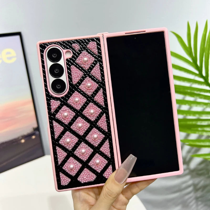 New Luxury Solid Color Pearl Shockproof Folding Phone Case For Samsung Galaxy Fold 6 5 4 3 Bumper Back Cover