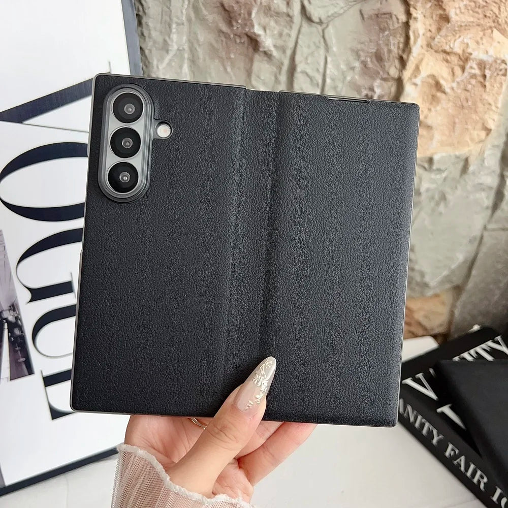 Luxury Business PU Leather Phone Case For Samsung Galaxy Z Fold7 Fold6 Fold5 Solid Color Shockproof Protection Shell