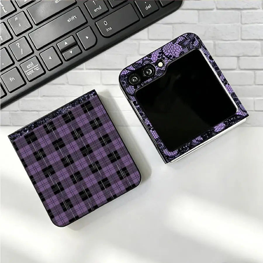 Back Phone Cover Funda Case for Samsung Galaxy Flip6 Flip3 Flip5 Flip4 Flip7 FE Z Flip 7 6 5 4 3 Plaid Lace Floral