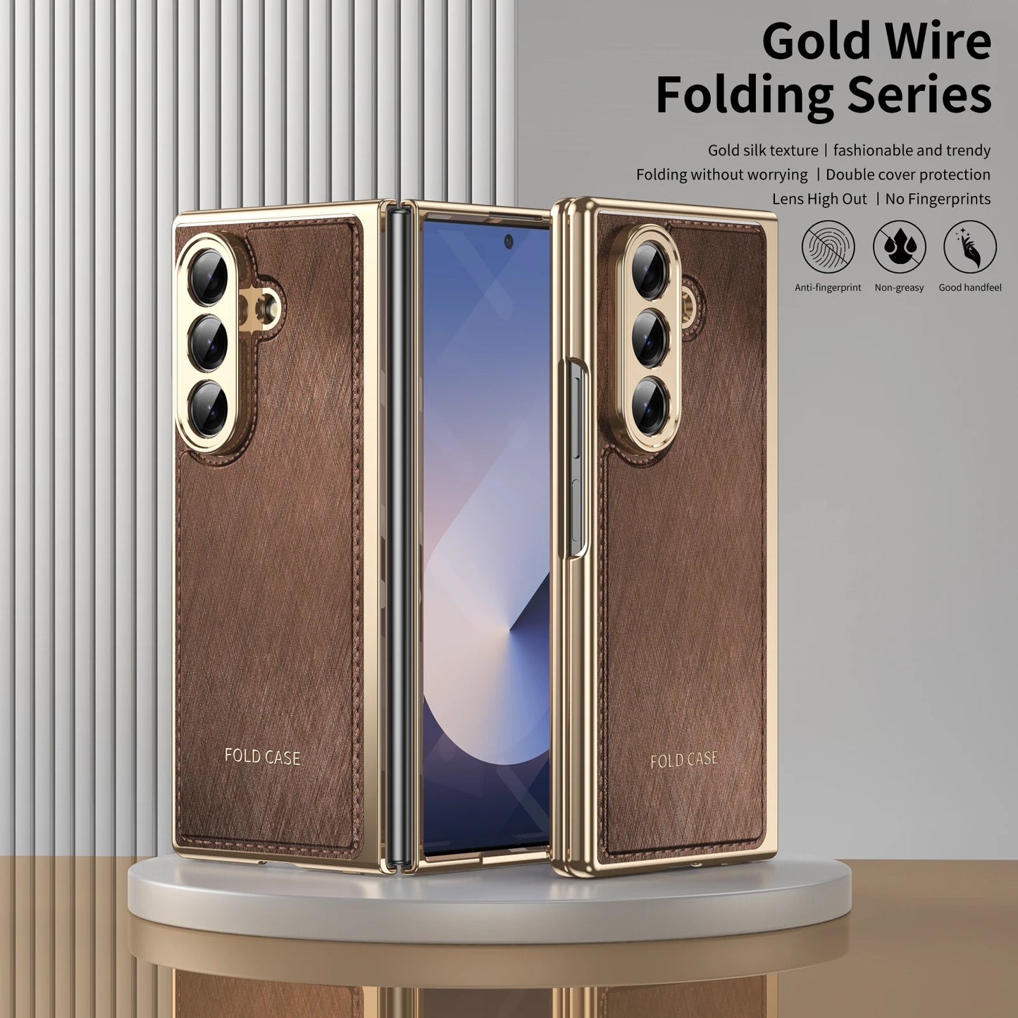 Golden Border Leather Phone Case with Steel Film for Samsung Galaxy Z Fold 7 6 5 4 3 Fold6 Hinge Protection Shockproof Cover