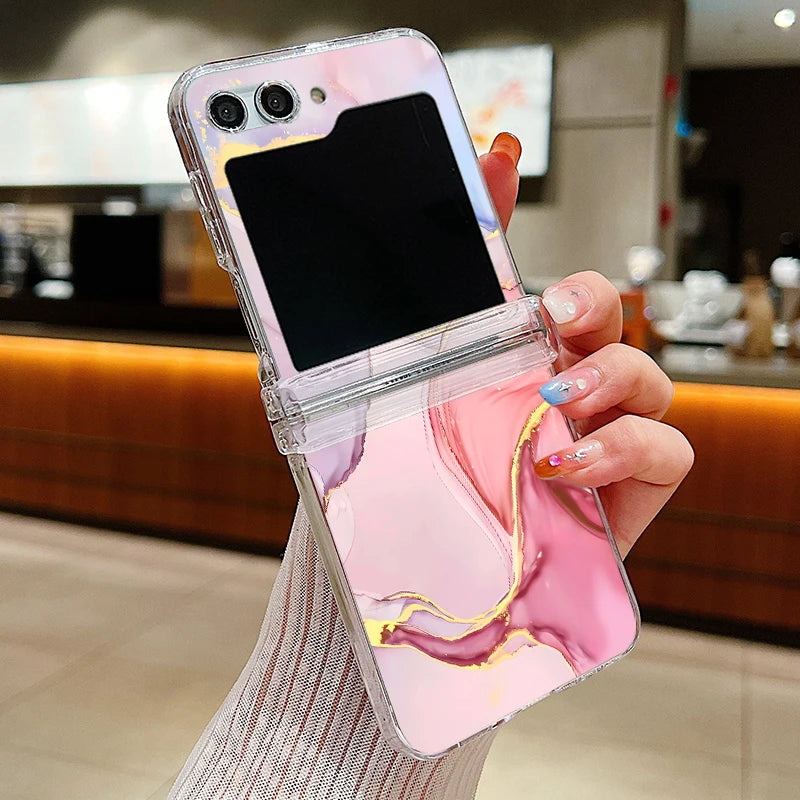 Ink Marble Pattern Clear Phone Case For Samsung Galaxy Z Flip7 FE Flip5 Flip6 Folding Hard Cover For Samsung Z Flip 7 6 5 4 3 5G