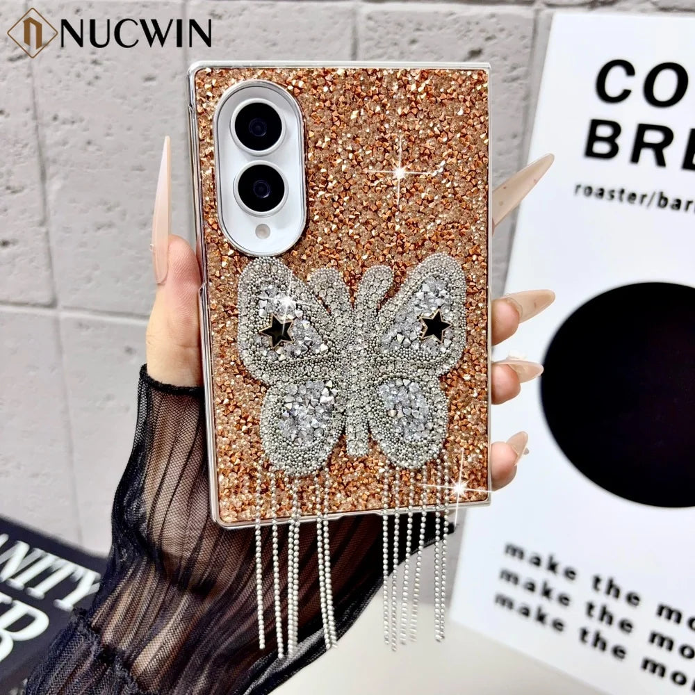 Electroplating Large Diamond Butterfly Tassel Phone Case for Samsung Z Fold 8 Ultra Z Fold 7 6 5 4 Z Flip 8 7 6 5 4 Wide Cover