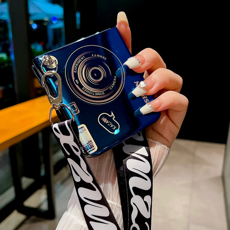 Blu Ray Laser Camera Long Rope Case With Lanyard Necklace Strap Case For Samsung Galaxy Z Flip 5 5G Z Flip6 Hard PC Phone Cover