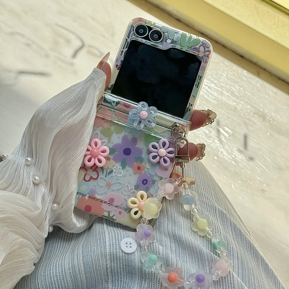 Hinge Protection 2in1 Lovely 3D Rotate Flower Phone Case For Samsung Galaxy Z Flip 7 6 5 4 3 7 FE Wrist Chain Shockproof Cover