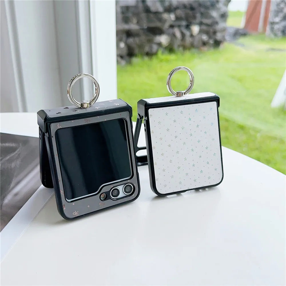 Luxury PU Leather Phone Case for Samsung Galaxy Z Flip 6 5 Flip6 Flip5 5G Ring Hard Shell Shockproof Cover