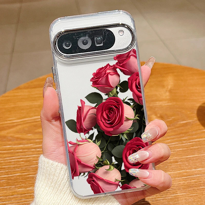 Rose Flowers Pattern Phone Case For Google Pixel 10 9 Pro XL 10 9 8 7 Pro 9A 8A 7A Shockproof Plating Soft TPU Transparent Cover