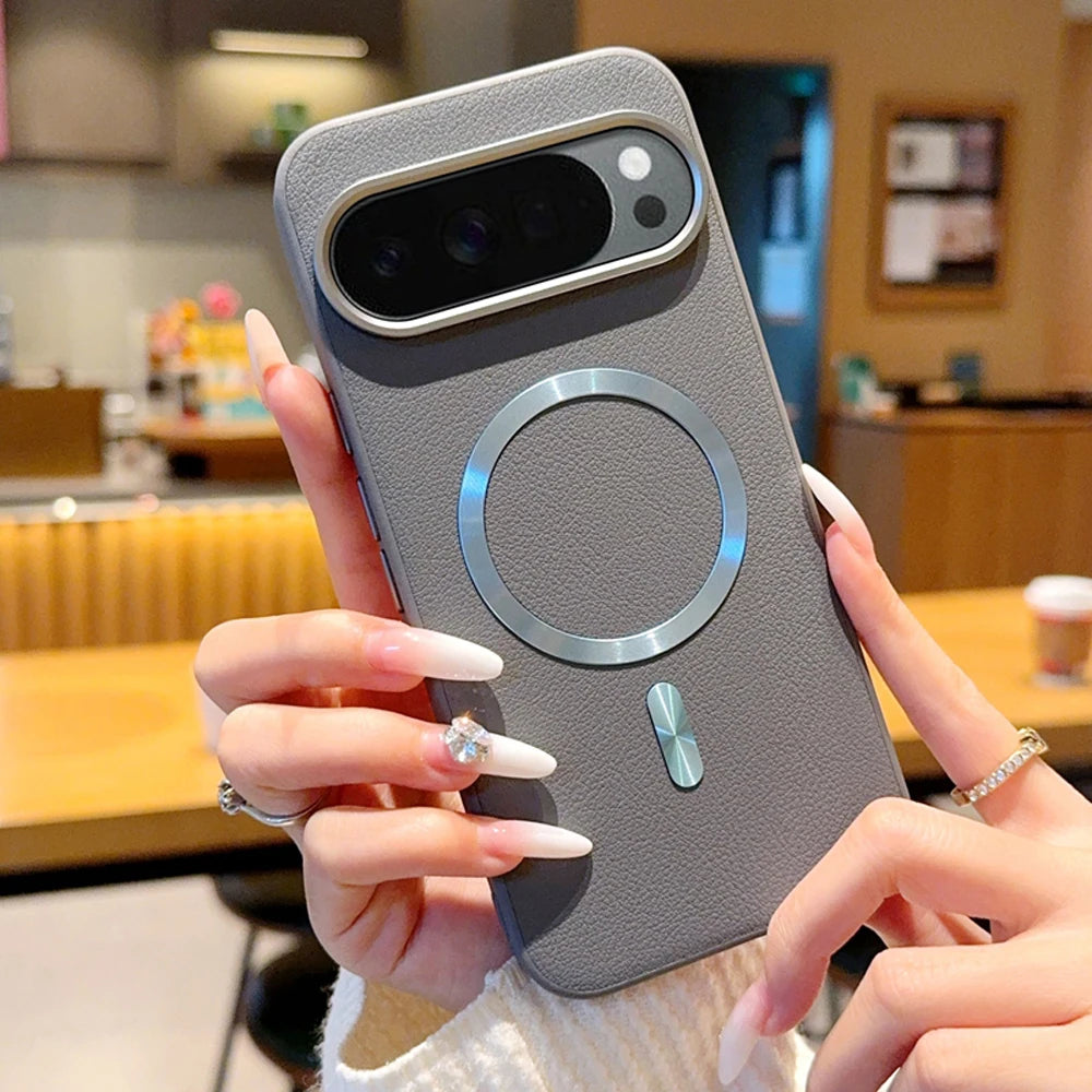 For Magsafe Magnetic Case For Google Pixel 10 Pro XL 10A Plating PU Leather Shockproof Bumper Protection Cover
