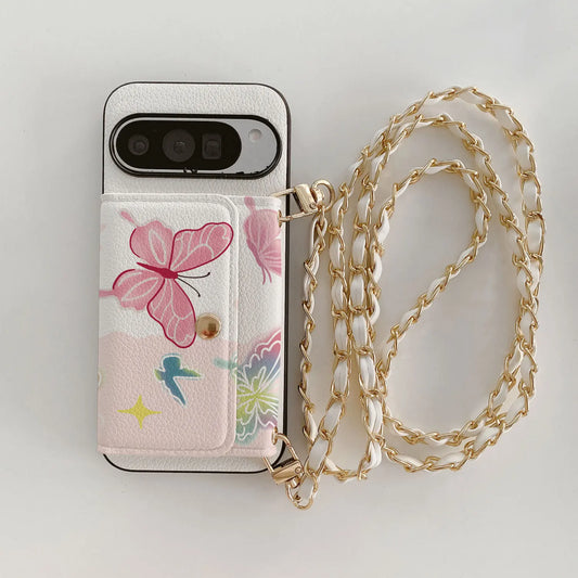 Minimalist Colorful Butterfly Wallet Case - PU Leather Long Metal Lanyard Mirror for Google Pixel 10 7 6 8 9a /Pro XL