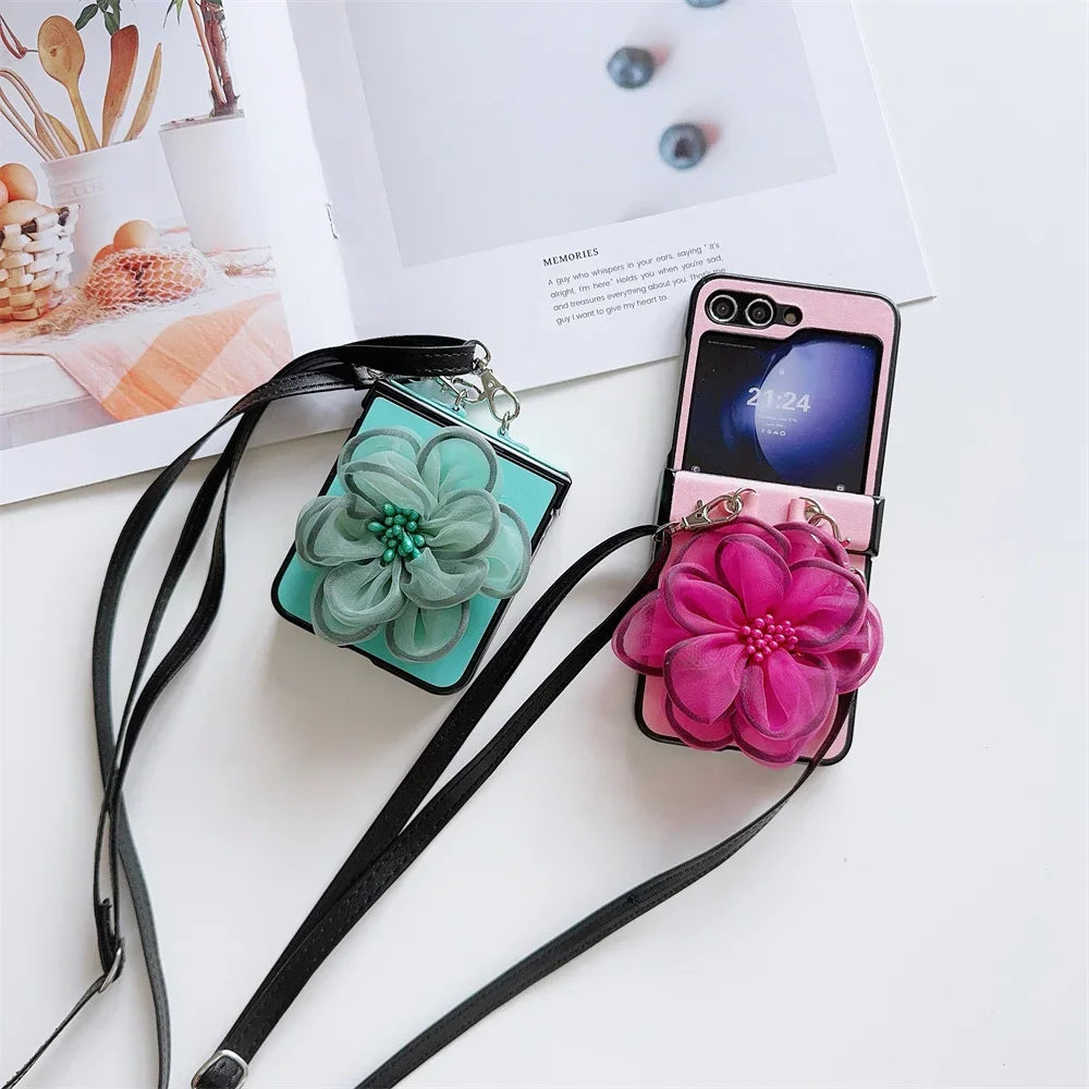 3D Cute Yarn Flower Crossbody Lanyard Phone Case For Samsung Galaxy Z Flip 6 5 4 3 5G Hard Hinge Protective PU Leather Cover