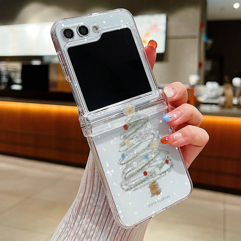 Christmas Print Transparent Phone Case For Samsung Galaxy Z Flip 7 FE 6 5 4 3 5G Folding Hard PC Cover For Samsung Z Flip7 Flip6
