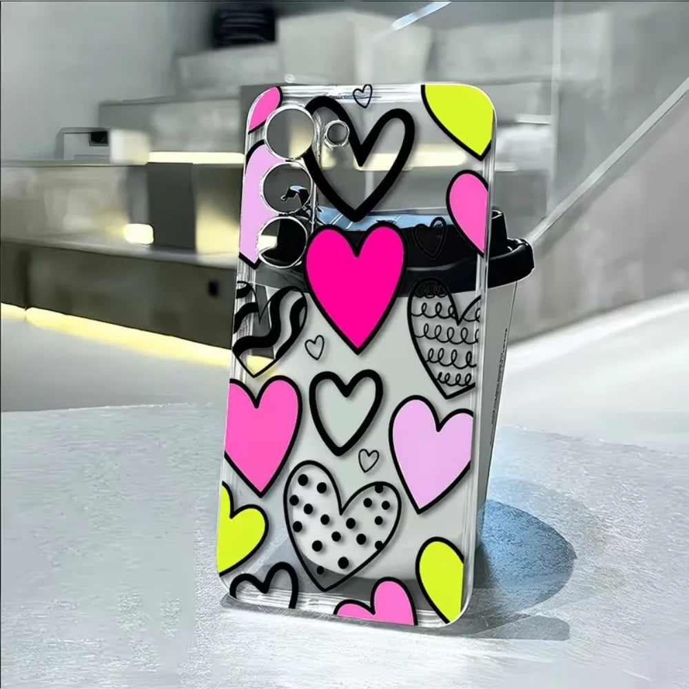 Heart Shape Graffiti Clear TPU Phone Case For Samsung Galaxy S26 S25 S24 S23 S22 S21 S20 Ultra Plus FE Edge 2022 5G Slim Cover