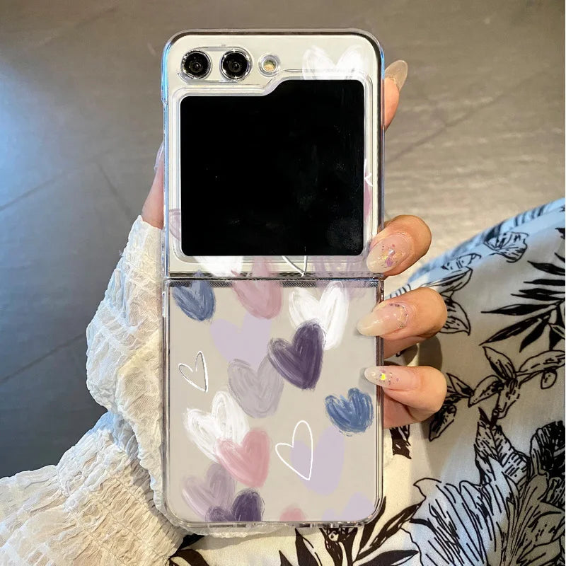 Love Heart Print Clear Folding Phone Case For Samsung Galaxy Z Flip 7 6 5 4 3 5G Transparent Cover For Samsung Z Flip7 FE Flip6