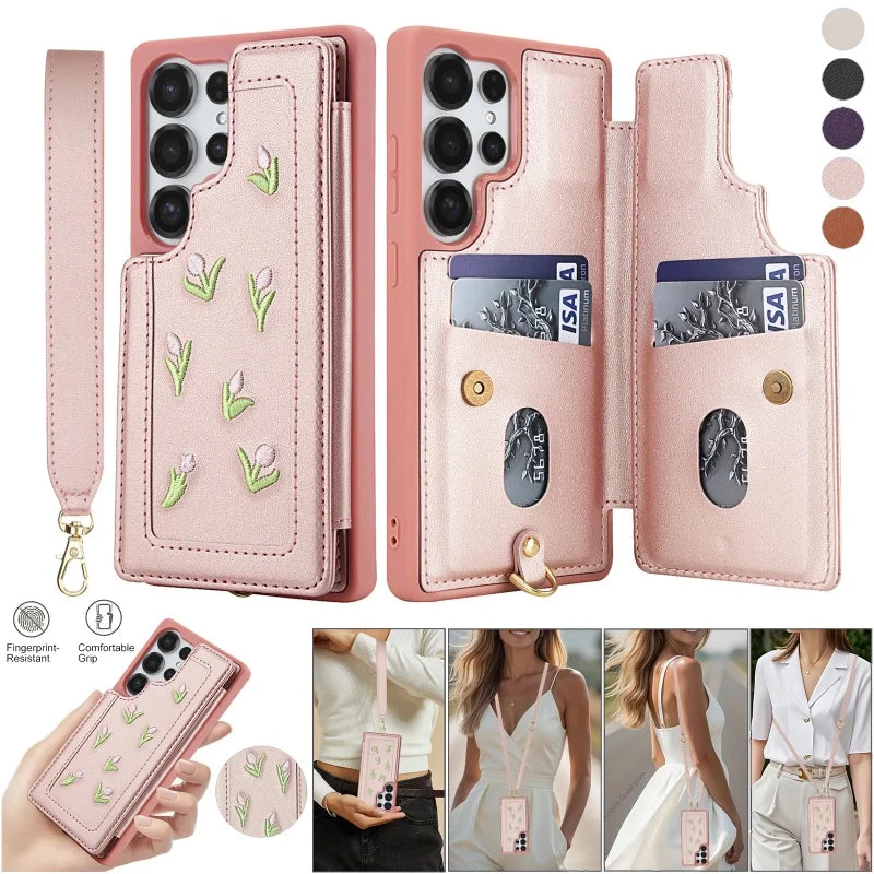 Lanyard Leather Wallet Phone Case For Samsung Galaxy S25 Edge Ultra S24 FE S23 Plus A56 A36 A16 A55 A35 A15 A54 A34 A14 Cover
