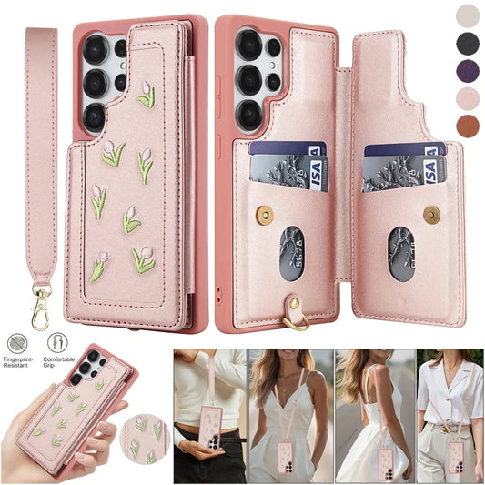 Lanyard Leather Wallet Phone Case For Samsung Galaxy S25 Edge Ultra S24 FE S23 Plus A56 A36 A16 A55 A35 A15 A54 A34 A14 Cover