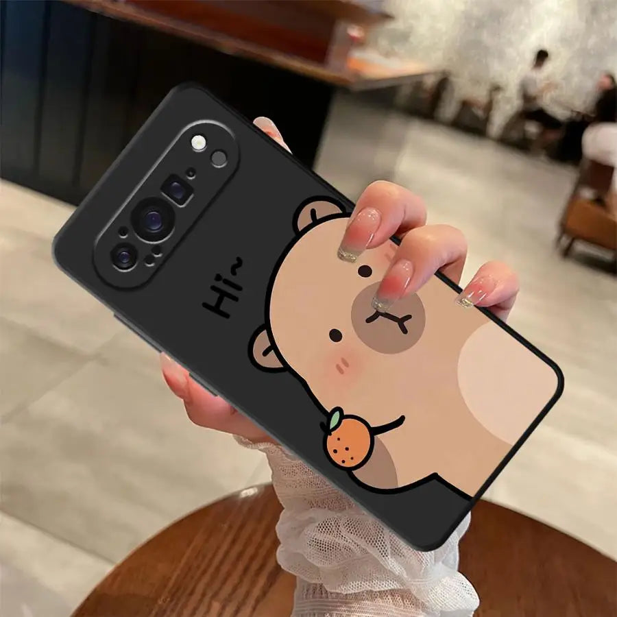 Phone Case for Google Pixel 7a 6 7 8 Pro 9a 10 9 Pro XL 8a 6a Black Soft Shell Cute Capybara Cartoon