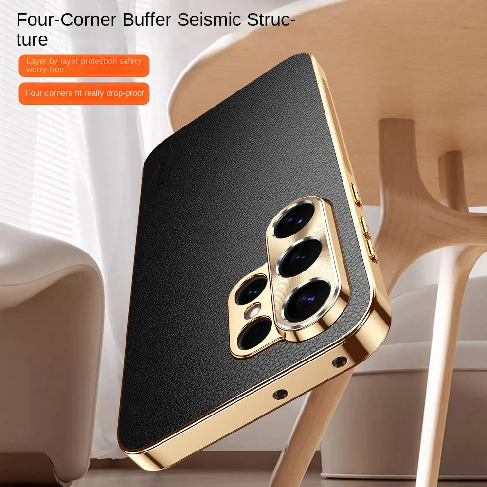 First Layer of Cowhide Lychee Texture Electroplated Frame Case For Samsung S26 Ultra S26 + Galaxy S25 Ultra S25 FE Edge Cover