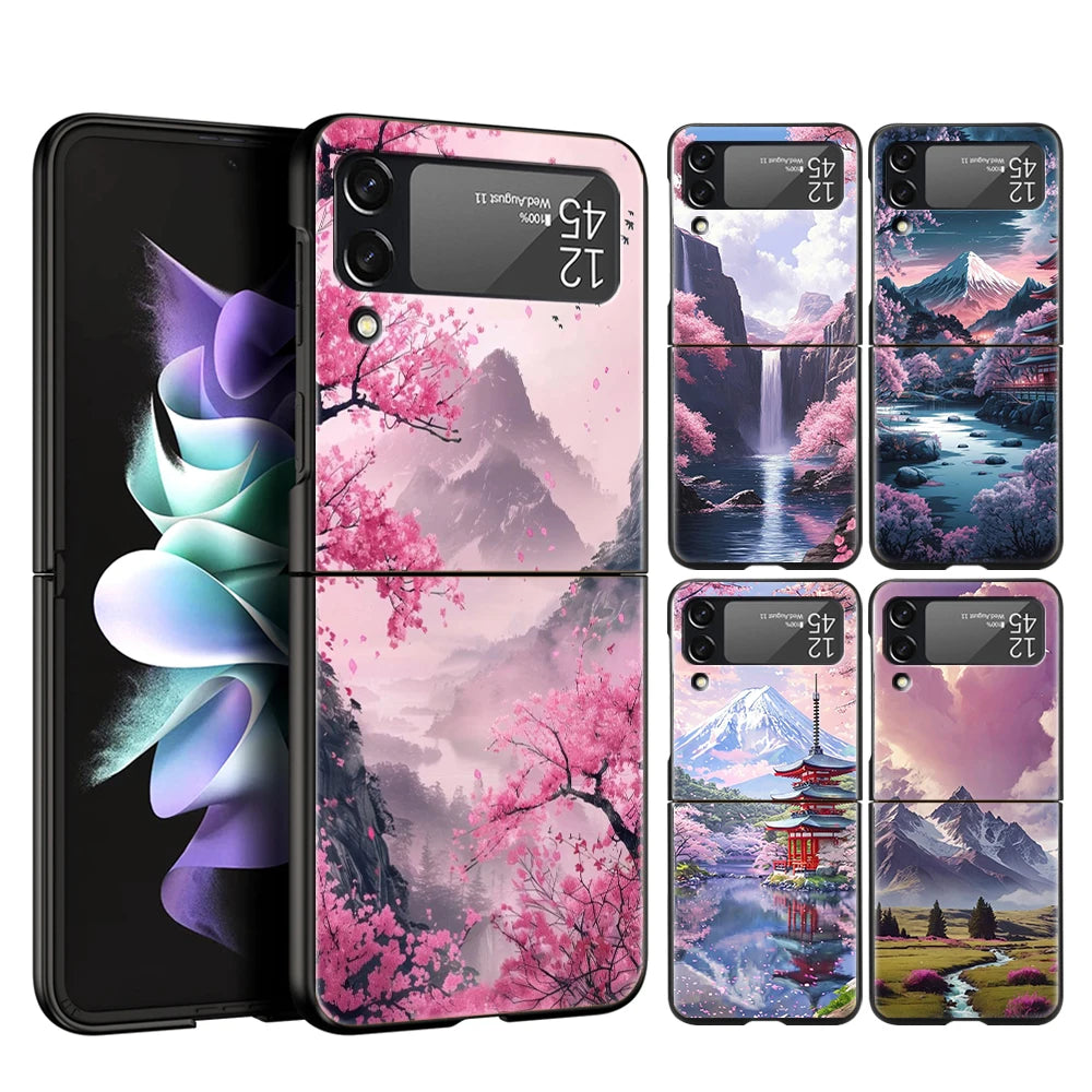 Hard PC Phone Case For Samsung Galaxy Z Flip 7 6 5 4 Black Cover For Galaxy Z Flip 3 Foldable Shockproof Pink Sunset Mountain