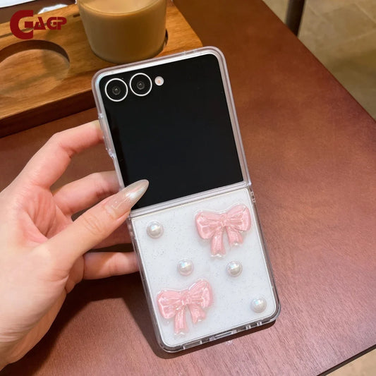 3D Pink Bow Glitter Transparent Phone Case for Samsung Galaxy Z Flip 8 7 6 5 7FE Pearl Clear Resin Cover for Samsung Z Flip 8