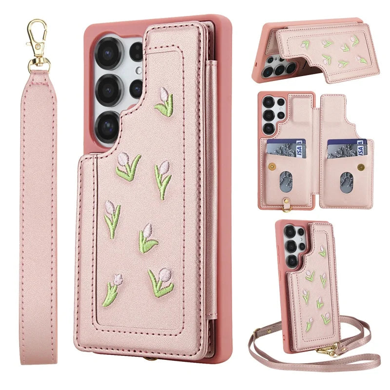 Lanyard Leather Wallet Phone Case For Samsung Galaxy S25 Edge Ultra S24 FE S23 Plus A56 A36 A16 A55 A35 A15 A54 A34 A14 Cover