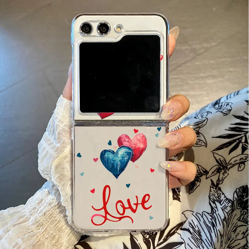 Love Heart Print Clear Folding Phone Case For Samsung Galaxy Z Flip 7 6 5 4 3 5G Transparent Cover For Samsung Z Flip7 FE Flip6