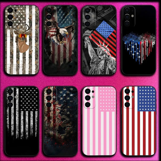 America USA Flag Phone Case For Samsung S25,S24,S21,S22,S23,S30,Ultra,S20,Plus,Fe,Lite,Note,10,9,5G Black Cover