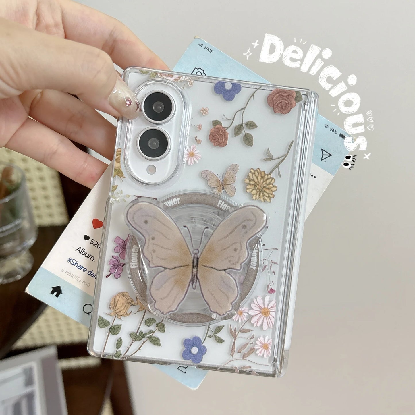 Retro Dual Magnetic Flower Pattern Transparent Case with Butterfly Bracket for Samsung Galaxy Z Fold 8 Wide Z Fold 8 Back Cover