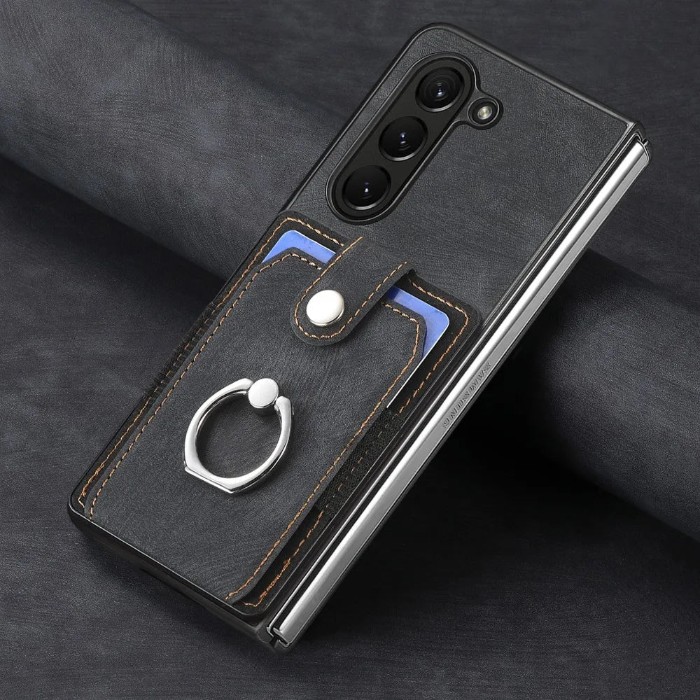 360 Rotating Ring Card Slot Holder Pocket Wallet Phone Case For Samsung Galaxy Z Fold 6 5 Fold6 Fold5 5G PU Leather Back Cover
