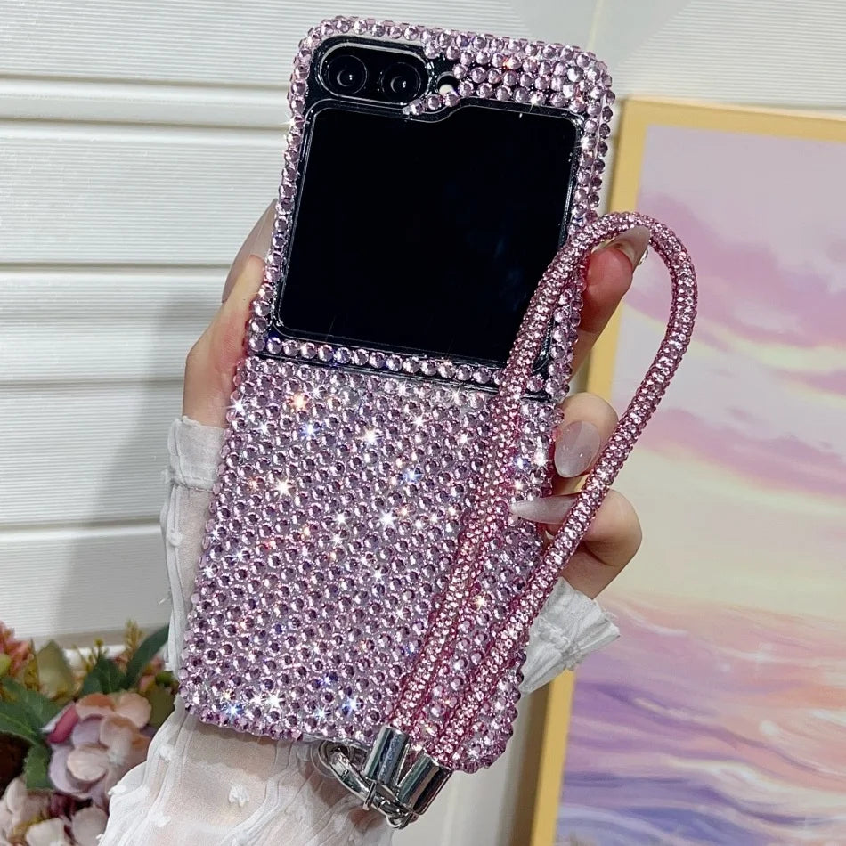 Full Shiny Diamonds Cover Funda For Samsung Galaxy Z Flip 7 Wrist Strap Case For Samsung z flip 6 zflip5 zflip4 3 Luxury Case