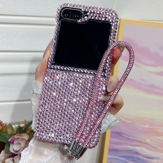 Full Shiny Diamonds Cover Funda For Samsung Galaxy Z Flip 7 Wrist Strap Case For Samsung z flip 6 zflip5 zflip4 3 Luxury Case