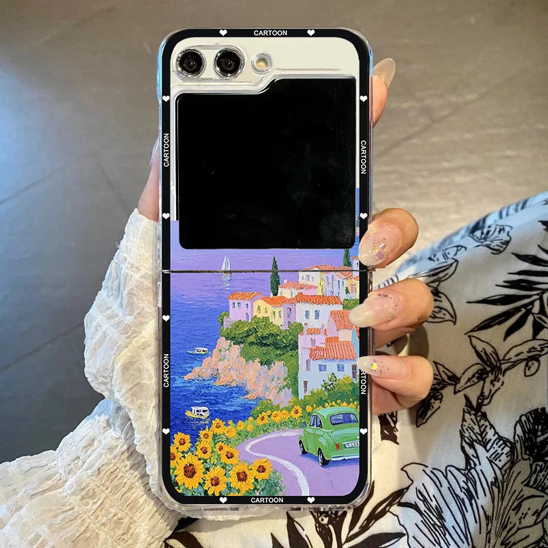 Anime Landscape Mountain Oil Painting Phone Case For Samsung Galaxy Z Flip 6 5 7 3 4 Clear Hard PC Folding Cover For Z Flip 7 5