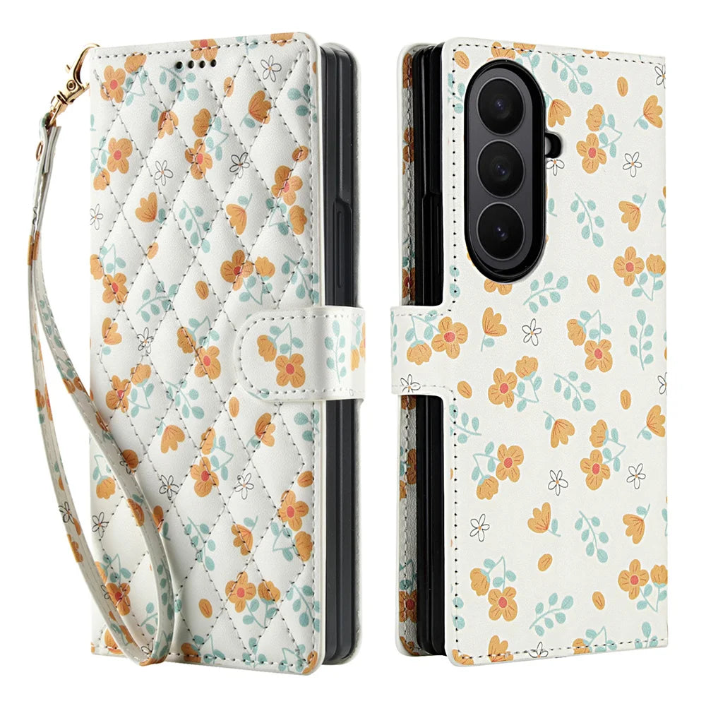 Luxury White Leather Colorful Flowers Wallet Flip Phone Case For Samsung Z Fold 7 6 5 4 5G Soft Wrist Strap Shockproof Cover