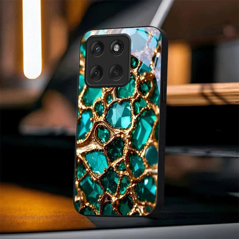 Luxury Green Gem Golden Black Glass Phone Case For Motorola Moto Edge 60 70 20 Lite 30 Pro 40 50 Ultra G45 G54 G55 G75 84 Cover