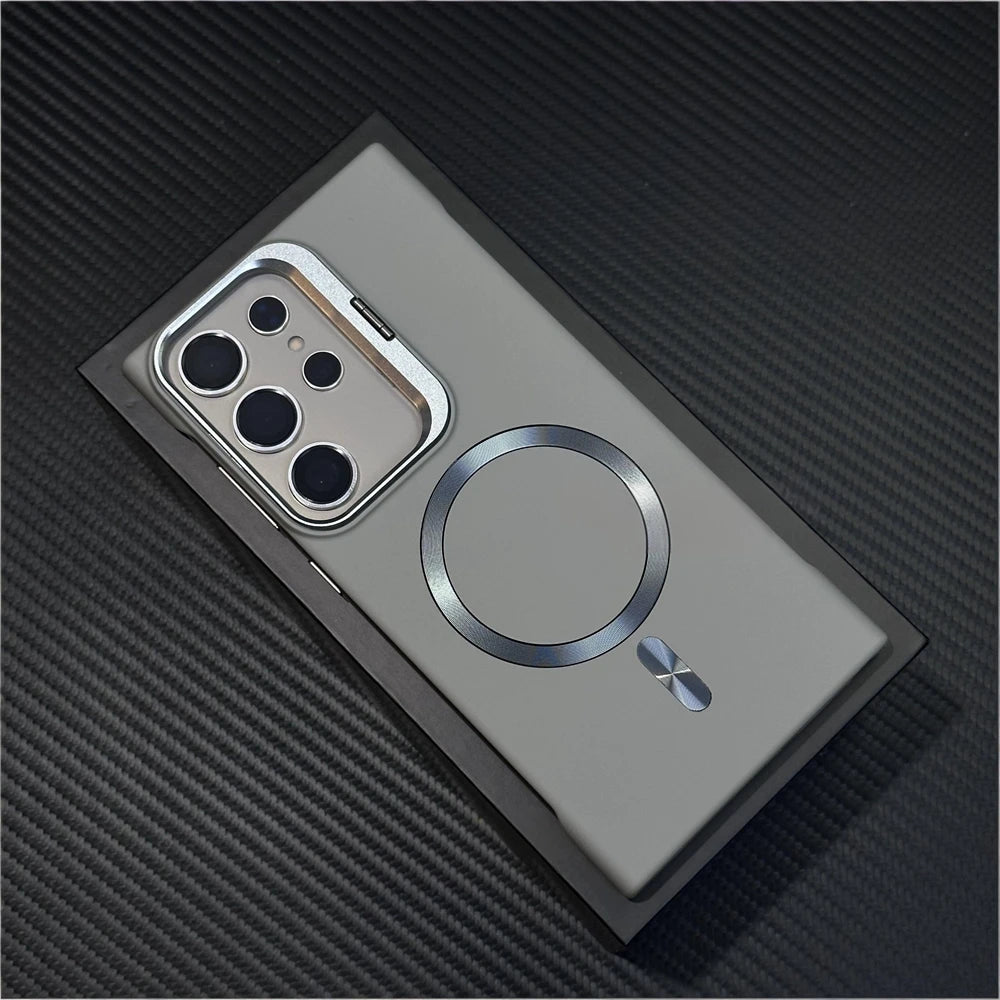 Luxury Broderless Magnetic Camera Stand Holder Case For Samsung S26 Ultra S25 FE S24 Plus For Magsafe Wireless Charging Cover