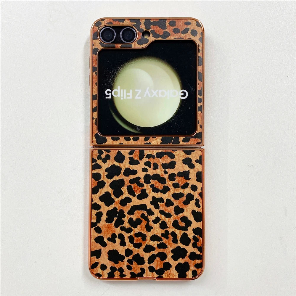 Luxury Gold Plating Cover Fashion Women Sexy Glitter Leopard Pattern Phone Case for Samsung Galaxy Z Flip 7 Flip 6 Z Flip 5 3 4