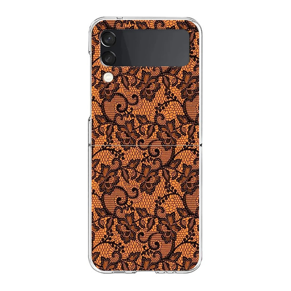 Transparent Phone Case For Samsung Galaxy Z Flip 3 4 5 6 7 Hard Folding PC Z Flip3 Flip4 Cover Lace Printed