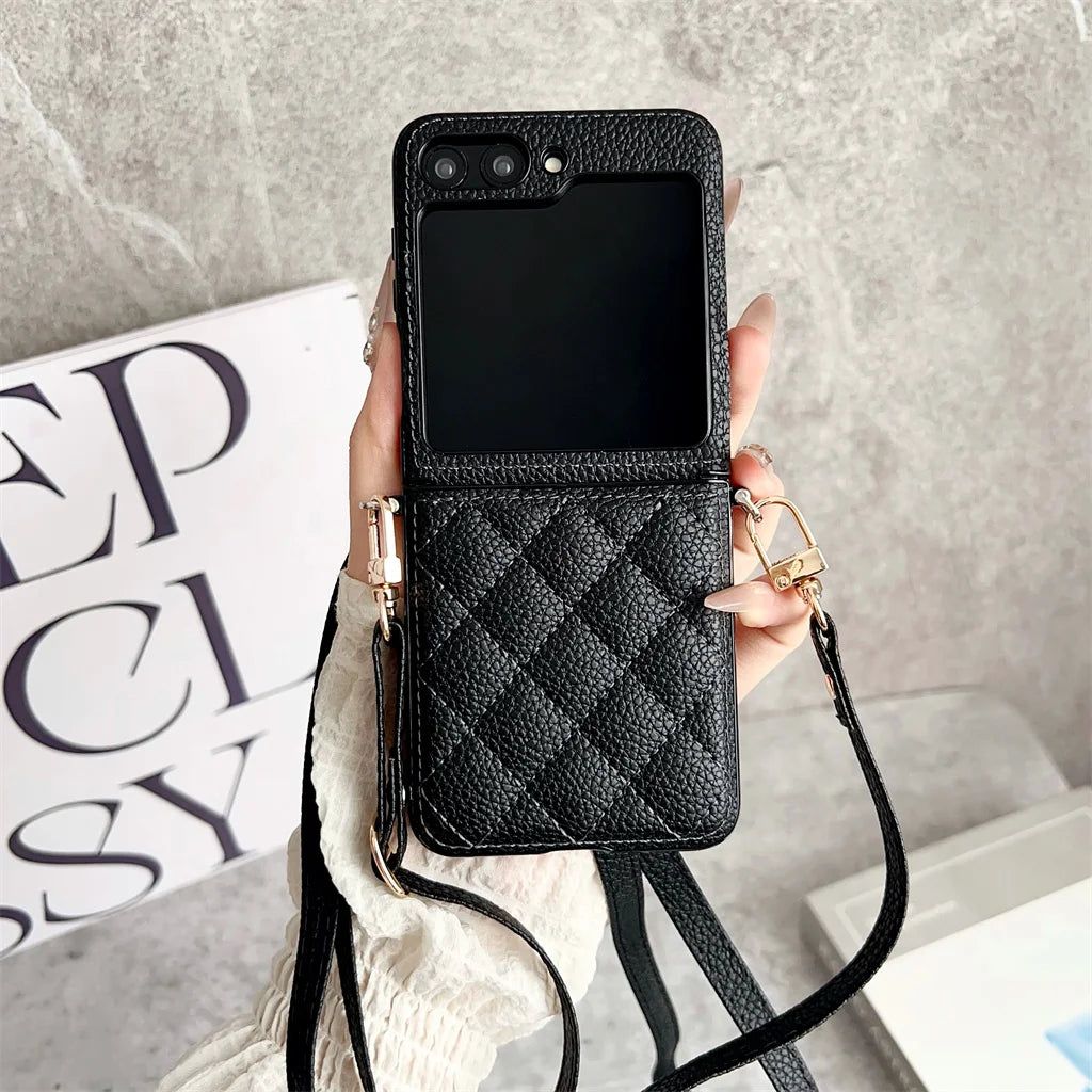Luxury Crossbody Lanyard Rhombus Pattern PU Leather Phone Case For Samsung Galaxy Z Flip 8 7 FE 6 5 4 5G Hinge Protector Cover